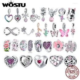 Lösa ädelstenar wostu autentiska 925 sterling silver rosa blommor pärlor charms hänge fit armband kvinnor fest diy fin smycken gåva