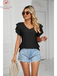 Women's T Shirts Fashion Women Summer Solid Color T-Shirts Hollow Out Design Ruffles Decor V-Neck Short Sleeve Casual Loose Pullovers Top