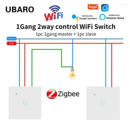 Smart Home Control UBaro Eu 1Gang 2 Way Wi -Fi Tuya Zigbee Wall Switch Panelu Szklany dla Google Alexa Voice Light Constor Cross