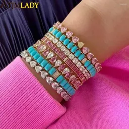 Link-Armbänder, geometrisch, wassertropfenförmig, rosa, grün, weiß, Zirkonia, CZ, Tennis-Kettenarmband für Frauen, bunter Luxus-Schmuck