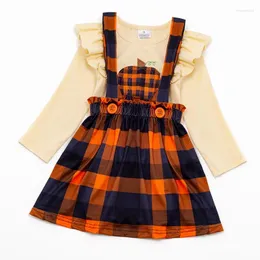 Mädchenkleider Girlymax Halloween Thanksgiving Herbst Baby Mädchen Orange kariertes Rockkleid Kürbis Rüschen Set oberhalb des Knies Kinderkleidung