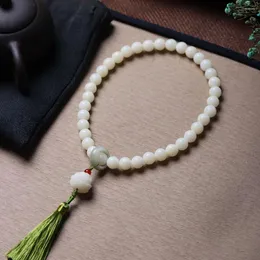 Charm Bracelets White Jade Bodhi Root Double Round Beads Handstring Carved Lotus Accessories Running Ring Buddha Car Hanger