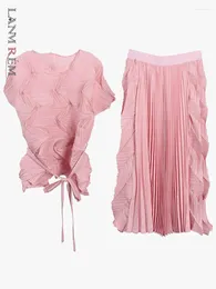Work Dresses LANMREM Designer Pleated 2 Pieces Set Round Neck Short Sleeves Belt Tops High Waist Spliced Fold Skirts Female 2024 2YA1366