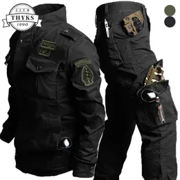 Mens Military Set Cotton Embroidery Multi Pocket Jacketwear Resistant Straight Cargo Pant 2 -stycken kostym Vinterarbete slitage 6xl 240126