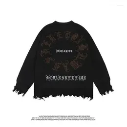 Suéteres masculinos American Retro Outono e Inverno High Street Dark Gothic Letter Oversize Sweater Hip-Hop Hole