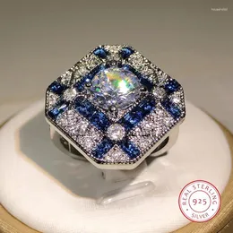 Anéis de cluster 925 prata luxo geometria grande para homens mulheres azul branco zircão anel de noivado birthstone safira