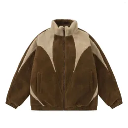 헌팅 자켓 겨울 플러시 재킷 파카스 남성 빈티지 컬러 블록 퍼지 푹신한 양털 램스 웰 코트 두껍게 따뜻한 패딩