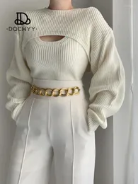 Kvinnors tröjor Korta tröja Blus tvådelar Set Woman Korean 2024 Tidig Autumn Temperament O-Neck Slim Knit Vest Casual Wearing