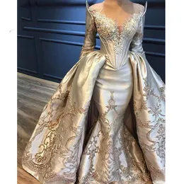 2024 Sexy Prom Dresses Jewel Neck Mermaid Plus Size Floor Length Overskirts Lace Applqieus Long Sleeves Illusion Satin Vintage Evening Gowns