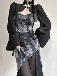 Vestidos de trabalho 2024 estilo chinês verão mulheres ternos vintage preto manga longa blusa impressão floral babados malha vestido de fadas 2 peças conjuntos