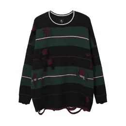 Dark Ripped Knitted Sweater Autumn and Winter Harajuku Colorblock Patchwork Oversize Knitwears Outwear Men Women Casual Clothes 240202