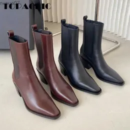 Boots 6.20 High Quality Thick Heel Elegant Temperament Genuine Leather Patchwork Stretchy Ankle Chelsea Boots Women