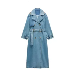 Spring Autumn Women Loose Long Denim Trench Coat with Belt Streetwear Female Retro Lapel Double Breasted Overcoat 240125