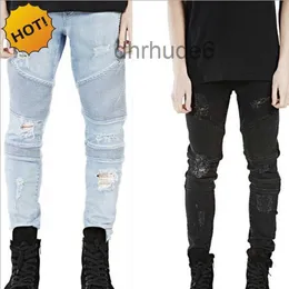 Atacado-Hot Hip Hop Buraco Rasgado Jeans Homens Moda Pista Plissada Angustiado Biker Boy Azul / Preto Calças de Motocicleta Bottoms 28-40 1RFC