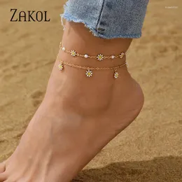 Anklets ZAKOL Cute Sun Flower For Women Fashion Daisy Beach Double Layer Anklet Bohemian Summer Sandals Jewelry