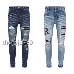 Designer-Jeans Stack Europäische zerrissene Jeans für Herren, Stickerei, Steppung, Faltnähte, Design, Motorradfahren, coole, schmale Hose, Lila, für Damen und Herren, Größe 30–40 PRRK