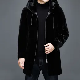 Haining Fur Integrated Whole Mink Medium -long Middle Designerer Aged Mensベルベットフード付きジャケット冬のコートwvmz