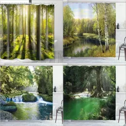 Shower Curtains Trees Forest Sun Curtain Straight Tall Tree Waterfall Charming Natural Landscape Rainforest Bathroom Decorative