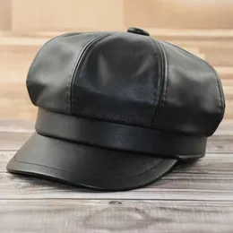 Newsboy Hats Black Leather Octagonal Hat Lady Fashion Newsboy Cap Women Big Size Beret Female Painter Caps 54cm 56cm 57.5cm 59cm 61-62cm zln240202