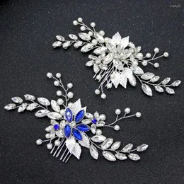 Hair Clips Bride European And American Simple Comb Handmade Pearl Blue Drill Insert Banquet Dress Headdress Accessories.