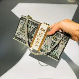 Luxury Money Clutch Rhinestone Purse 10000 dollar Stack med kontant kväll handväskor axel bröllop middag väska 8 färg plånbok 240125