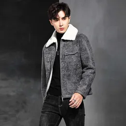 Winter Original Ecological Leather and Fur Integrated Mens Genuine Coat Short Flip Collar Youth Motorcycle Wear Jacket POEI