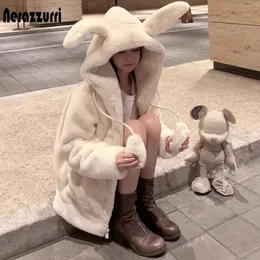 Nerazzurri Spring fluffy jacket with rabbit ears raglan sleeve zipper Oversize light soft harajuku kawaii faux fur hoodie 240124