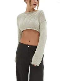 女性のセーターTXLIXC女性Sプルオーバーニットクロップトップ長いスリーブソリッドカラースリムTシャツニットウェア