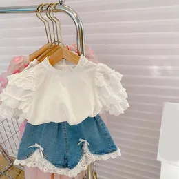 Conjuntos de roupas 2024 verão crianças meninas moda rendas costura colarinho top arco denim shorts criança bebê roupas casuais terno