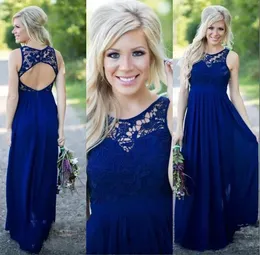 Bellissimi abiti da damigella d'onore country blu royal Abiti lunghi da ballo con collo in pizzo Petite Chiffon 2024 Abito da sera Aperto sul retro junior Damigella d'onore