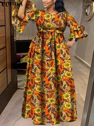 فساتين غير رسمية Vonda 2024 Fashion Maxi Dress Women Bohemian Floral Printed Sexy V-teac Long Sleeve Festidos Retbe Robe