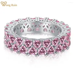 Cluster Rings Wong Rain 925 Sterling Silver Heart Created Moissanite Pink Sapphire Gemstone Ring for Women Fine Jewelry Band Parti