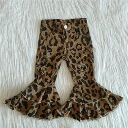 Hosen Großhandel Doppel Rüschen Leopard Kinder Denim Kleidung Modische Baby Mädchen Schlaghosen Hosen Kleidungsstücke Kinder Boutique Jeans