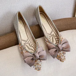 2024 new women's shoes lace bow flat shoes gold sequined pointy shoes ladies bridesmaid dress shoes ballet shoes