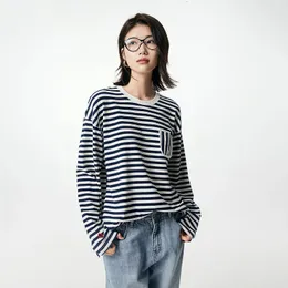 Toyouth Women Striped Tees 2023 Autumn Long Sleeve Round Neck Loose Tshirt Unique Pocket Design Dropped Shoulder Casual Tops 240123