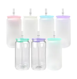 USA warehouse BPA free 16oz blank sublimation clear frosted beer glass can with colored plastic pp lid and clear straw