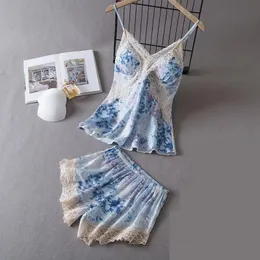 Print Lace Pajamas Set Women Sleepwear Intimate Lingerie Summer Sexy Strap Top Shorts Sleep Suit Silky Satin Pyjamas Homewear 240126