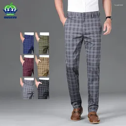 Calças masculinas oussyu marca roupas de alta qualidade xadrez homens clássico negócio algodão casual comprimento total formal calças compridas masculino 30-38