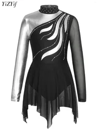 Stage Wear Strass Figura Pattinaggio sul ghiaccio Vestito da ragazza Manica lunga Metallizzato Balletto Body da ginnastica Tuta Competizione Costume da spettacolo