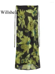 Юбки Willshela, женская модная шелковая текстура, с принтом, на шнуровке, миди, винтажная, с высокой эластичной резинкой на талии, женская шикарная женская юбка