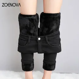 Zoenova mulheres grossas veludo jeans velo quente coreano moda cintura alta magro calças elásticas jean casual legging inverno 240125