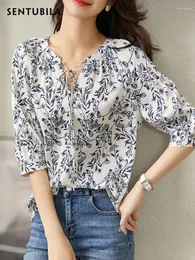 Women's Blouses Sentubila Chiffon Shirts Half Sleeve 2024 Summer Printed Lace-up Outerwear Loose Vintage Elegant Office Lady 122V42117