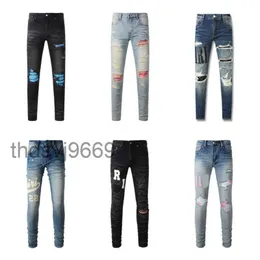 Designer Stack Jeans Europeu Roxo Jean Homens Bordados Quilting Rasgado para Tendência Marca Vintage Pant Mens Dobre Slim Skinny Fashion 01 2AAK