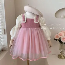 Платья для девочек, весенне-осенняя одежда для детей, однотонное платье принцессы с длинными рукавами и круглым вырезом в стиле пэчворк, кружево