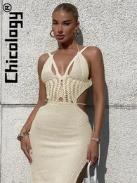 Sukienki swobodne Chicology Sling White wycięte plecy seksowna bodycon Slit Midi Dress Club Streetwear Eleganckie wakacje 2024 Ubrania dla kobiet