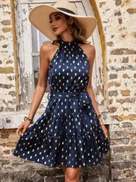 Sıradan elbiseler bayanlar seksi kolsuz yular boyun nokta dot baskı boho yaz elbise kadın parti plaj mini sundress bornoz vestidos kadın