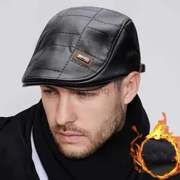 Newsboy Hats New PU Leather Beret Hats for Men Retro Autumn Winter Beret Hat Middle-aged Mens Visor Warm Flat Adjustable Peaked Cap zln240202