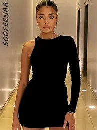 Sukienki swobodne Boofeenaa seksowna czarna mini sukienka z jednym rękawem dla damskiej jesiennej odzieży moda stroje nieregularne bodycon c85-bz20