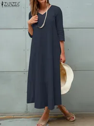 Casual Kleider ZNAZEA Sommer Elegante Oansatz Kleid 3/4 Ärmel Einfarbig frauen Sommerkleid Weibliche Mode Mid-Kalb Länge Vestidos robe