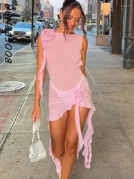 Повседневные платья BOOFEENAA Асимметричное платье с цветочной аппликацией и рюшами Розовая сетка Прозрачная спинка с открытой спиной Летние пляжные сексуальные наряды для отдыха C15-CI13